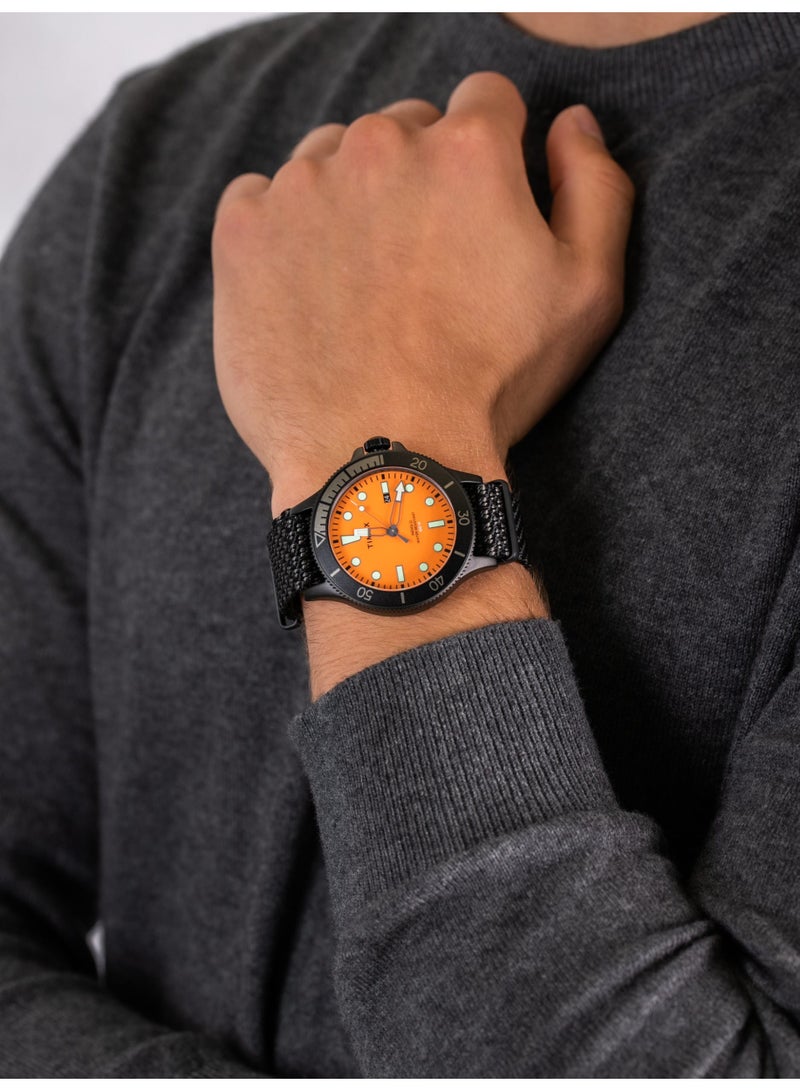 TIMEX MILITARY ALLIED TW2T30200  MEN'S BRASS WATCH WITH ORANGE DIAL & BLACK FABRIC STRAP - Image 4