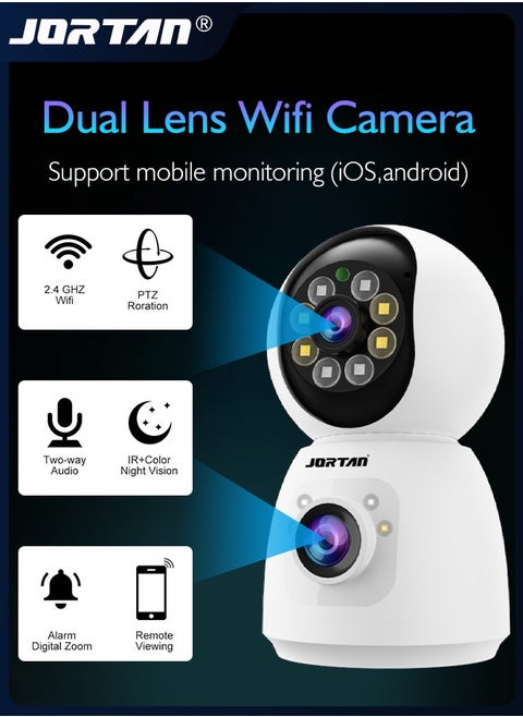 كاميرا مراقبة 4MP 2Kx2 WiFi كاميرا PTZ مزدوجة العدسة 360 درجة كاميرا عموم / إمالة / تكبير مع كشف الحركة والتحدث في اتجاهين وإنذار صفارات الإنذار والرؤية الليلية الملونة لمراقبة الطفل الأليفة والمنزل