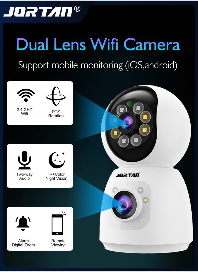 جورتان كاميرا مراقبة 4MP 2Kx2 WiFi كاميرا PTZ مزدوجة العدسة 360 درجة كاميرا عموم / إمالة / تكبير مع كشف الحركة والتحدث في اتجاهين وإنذار صفارات الإنذار والرؤية الليلية الملونة لمراقبة الطفل الأليفة والمنزل  - Image 1