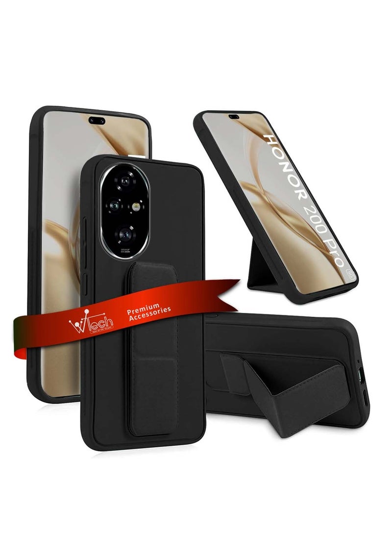 Wtech Honor 200 Pro 5G 2024 Hand Grip Foldable Magnetic Kickstand Wrist Strap Finger Grip With Built-In Iron Case Cover Black - Image 1