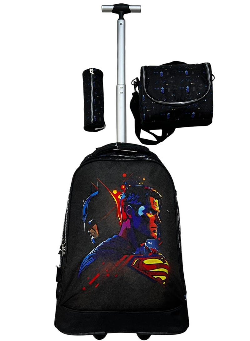 سوبر مان حقيبة مدرسية بعجلات 3في1 حقائب مدرسية للبنات  حقيبة بعجلات للطلاب، حقيبة سفر بعجلات، حقيبة  متعددة الاستخدامات مقاس 18 بوصة - Image 1