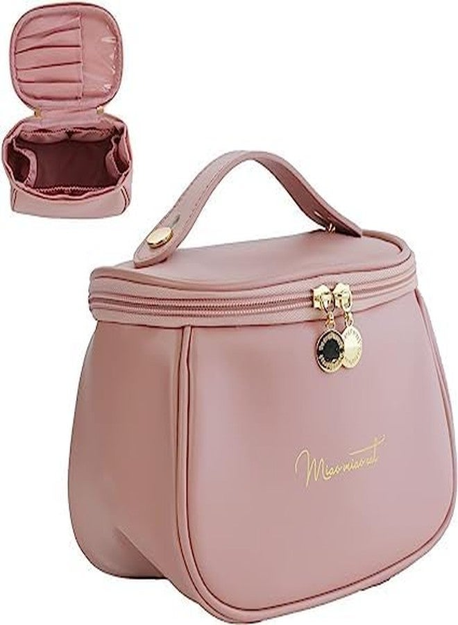 RELEMTRA Cosmetic Bag Cosmetic Travel Bag, Women's Makeup Travel Bag Portable Leather Cosmetics Bag, Makeup Storage Bags with Handle and Divider, Wide Opening Cosmetic/Makeup Organizer(Cute Pink Bag) - Image 1