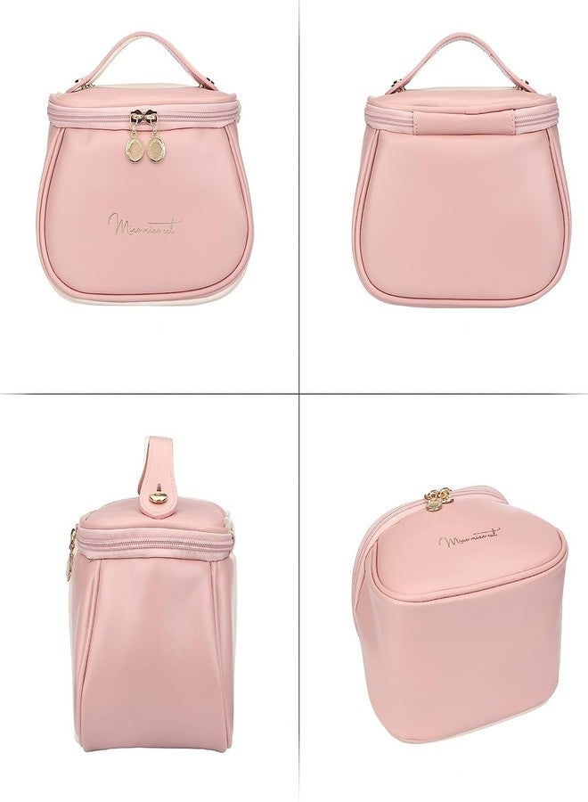 RELEMTRA Cosmetic Bag Cosmetic Travel Bag, Women's Makeup Travel Bag Portable Leather Cosmetics Bag, Makeup Storage Bags with Handle and Divider, Wide Opening Cosmetic/Makeup Organizer(Cute Pink Bag) - Image 4
