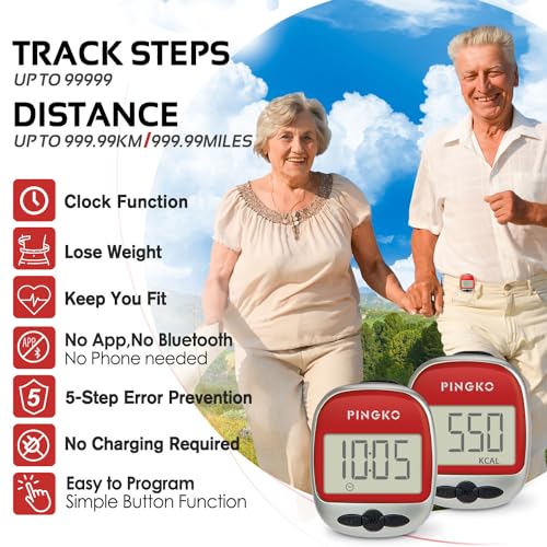 PINGKO Best Pedometer for Walking Accurately Track Steps Multi-Function Portable Sport Pedometers Step/Distance/Calories/Counter - Red… - Image 3