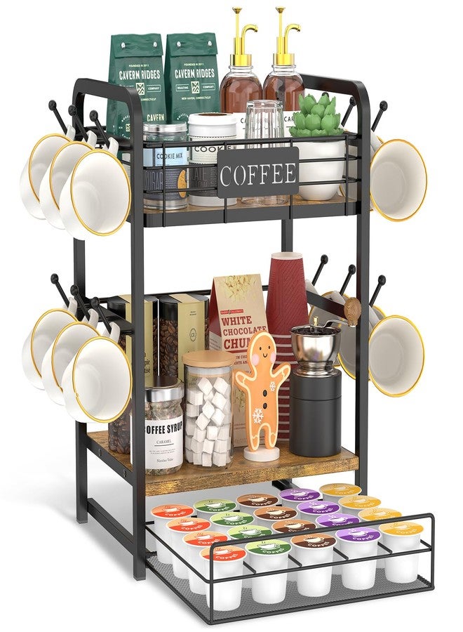 EsLuker.ly Coffee Bar Organizer Station Shelf Mug Holder, 3 Tier Coffee Cup Stand Rack for Countertop with 12 Hooks, K Cup Pod Organizer Drawer for Home Office, Keeps Essentials Tidy & Accessible - Image 1