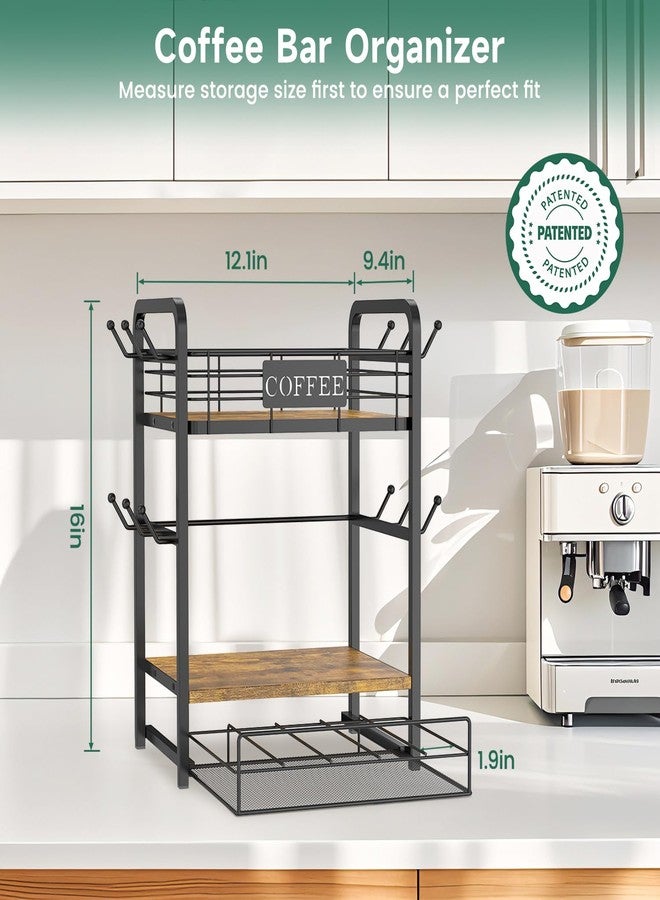 EsLuker.ly Coffee Bar Organizer Station Shelf Mug Holder, 3 Tier Coffee Cup Stand Rack for Countertop with 12 Hooks, K Cup Pod Organizer Drawer for Home Office, Keeps Essentials Tidy & Accessible - Image 2