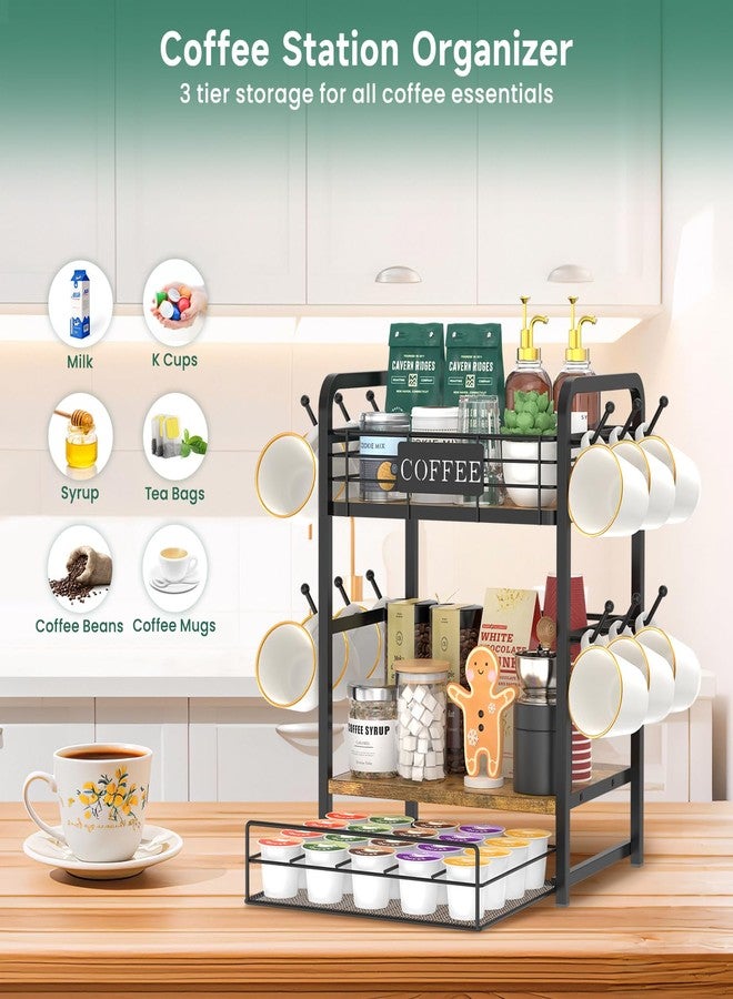 EsLuker.ly Coffee Bar Organizer Station Shelf Mug Holder, 3 Tier Coffee Cup Stand Rack for Countertop with 12 Hooks, K Cup Pod Organizer Drawer for Home Office, Keeps Essentials Tidy & Accessible - Image 3