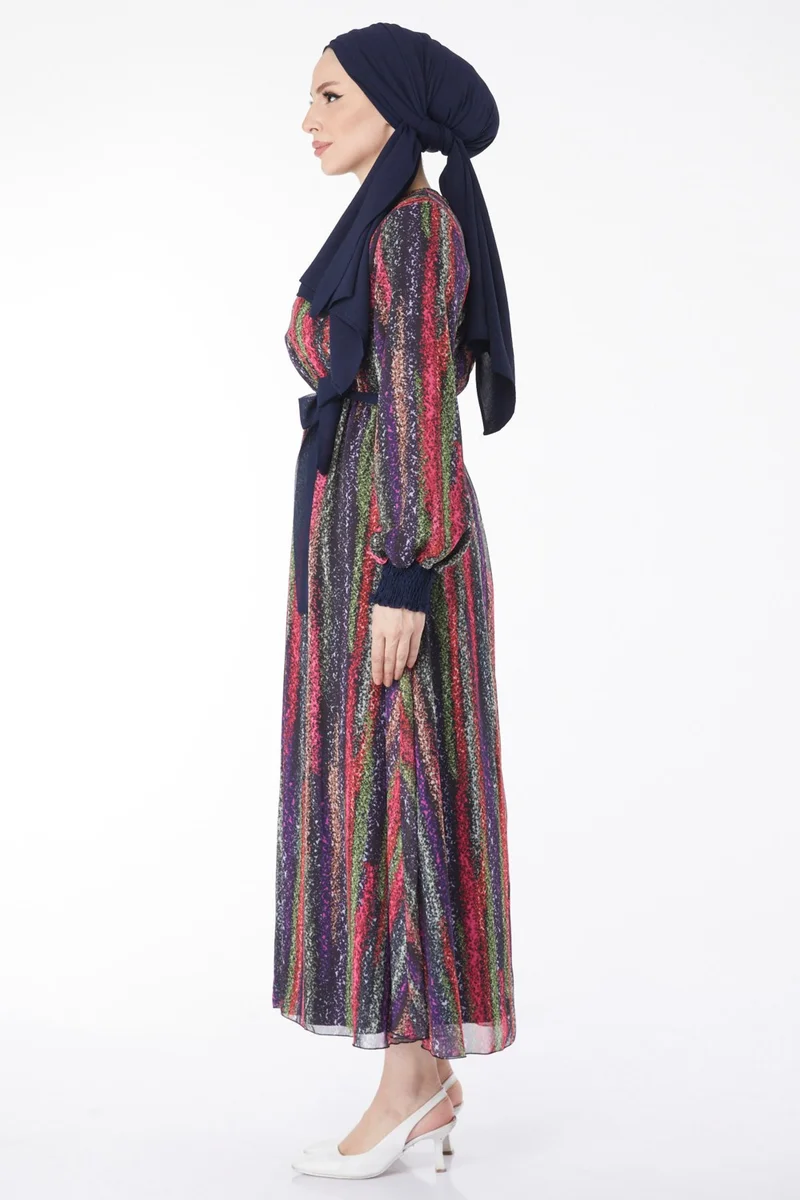 Tofisa 24714-NAVY BLUE Patterned Chiffon Dress