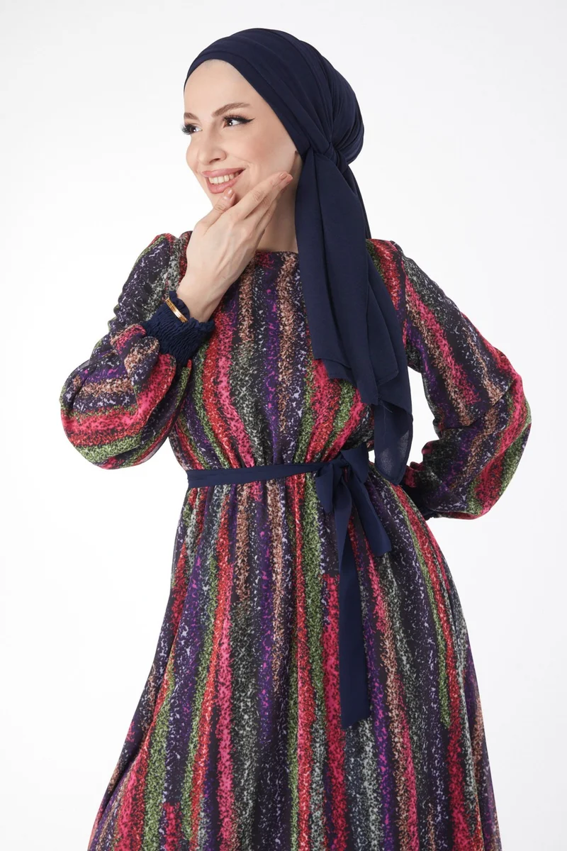 Tofisa 24714-NAVY BLUE Patterned Chiffon Dress