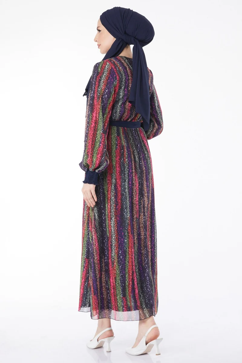 Tofisa 24714-NAVY BLUE Patterned Chiffon Dress