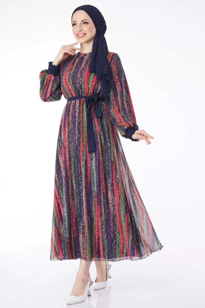 Tofisa 24714-NAVY BLUE Patterned Chiffon Dress