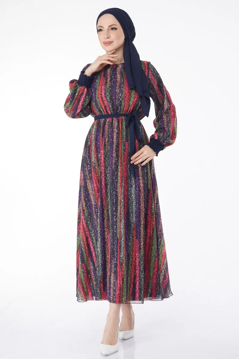 Tofisa 24714-NAVY BLUE Patterned Chiffon Dress