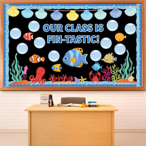 QOUBAI Under The Sea Bulletin Board Set Ocean Classroom Decoration Fish Bubble DIY Photo Bulletin Board Sea Animals Cutouts for Back to School Classroom Chalkboard Wall DecorOur Class is FinTastic - Image 1