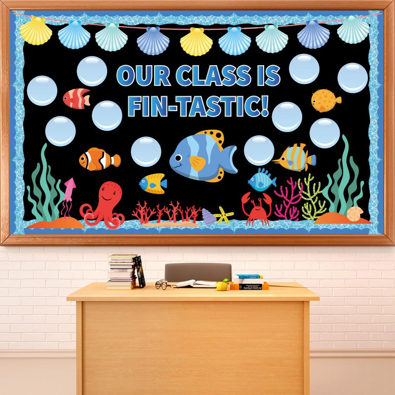 QOUBAI Under The Sea Bulletin Board Set Ocean Classroom Decoration Fish Bubble DIY Photo Bulletin Board Sea Animals Cutouts for Back to School Classroom Chalkboard Wall DecorOur Class is FinTastic - Image 2