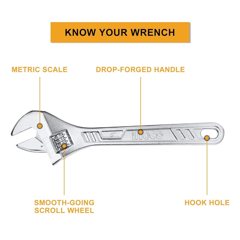 INGCO Ingco Adjustable Wrench 0192mm with Metric Scale 150mm6 C45 DropforgedChromePlated Professional Adjustable Wrench for Auto Repair General Assembly Maintenance Plumbing - Image 3