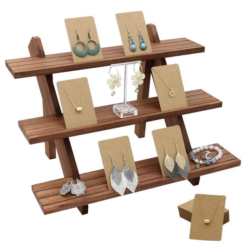 Auroal Auroal 51pcs 3Tier Wood Earring Display Stand Retail Display Riser Earring Ring Holder Stand Removable Countertop Small Merchandise Display Stand with 50 Pcs Earring Card Light Brown 