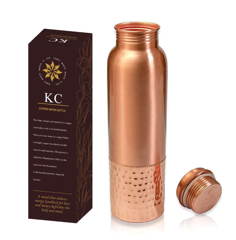 KC Pure Copper Water Bottle with Leak Proof Protection, Ayurveda and Yoga Health Benefits. (Half Hammered Design,1000ml) - Image 1
