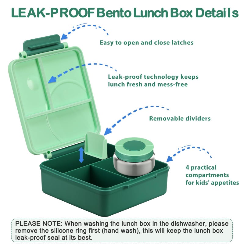Howeemo Bento Lunch Box Set for Kids with 8oz Soup Thermo, Leak-Proof Lunch Containers with 4 Compartment, Kids Thermo Hot Food Jar and Insulated Lunch Bag for Kid to School-Green - Image 5