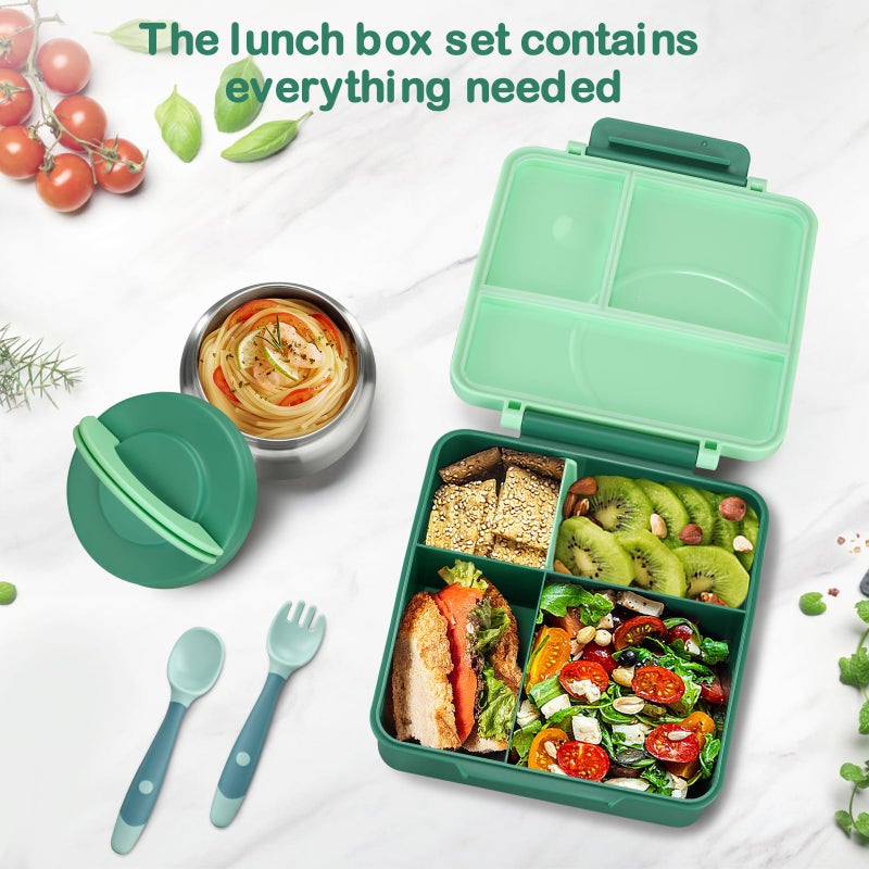 Howeemo Bento Lunch Box Set for Kids with 8oz Soup Thermo, Leak-Proof Lunch Containers with 4 Compartment, Kids Thermo Hot Food Jar and Insulated Lunch Bag for Kid to School-Green - Image 3