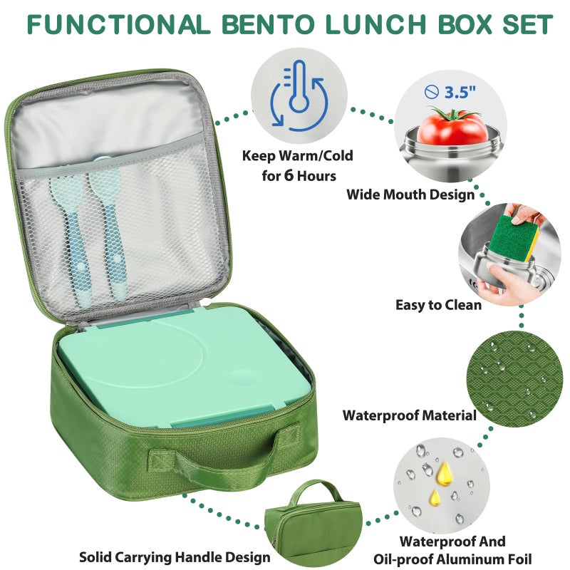 Howeemo Bento Lunch Box Set for Kids with 8oz Soup Thermo, Leak-Proof Lunch Containers with 4 Compartment, Kids Thermo Hot Food Jar and Insulated Lunch Bag for Kid to School-Green - Image 4