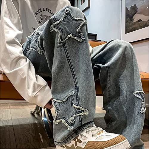 FCOOLYEET Y2k Jeans Men Baggy Star Harajuku Denim Pants Hip Hop Embroidery Graphic Jeans Loose Fit Straight Trousers Blue - Image 5
