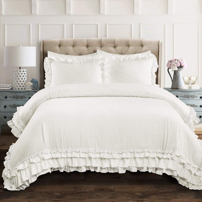 COMFORTER SET LUXURIOUS BEDDING WITH MATCHING SHAMS RUFFLE LACE DESIGN SHABBY CHIC ROOM DECOR ELLA WHITE FULLQUEEN