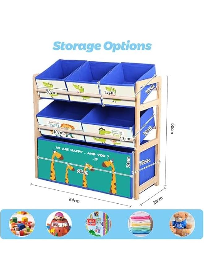 هوكور خزانة تخزين العاب من الخشب الصلب مكونة 3 طبقات مع رف كتب بلورفوكس لاساسيات غرفة لعب الاطفال 6 صناديق قابلة للفصل بسعة كبيرة للغاية لغرفة اللعب والحضانة وغرفة زرافة - Image 3