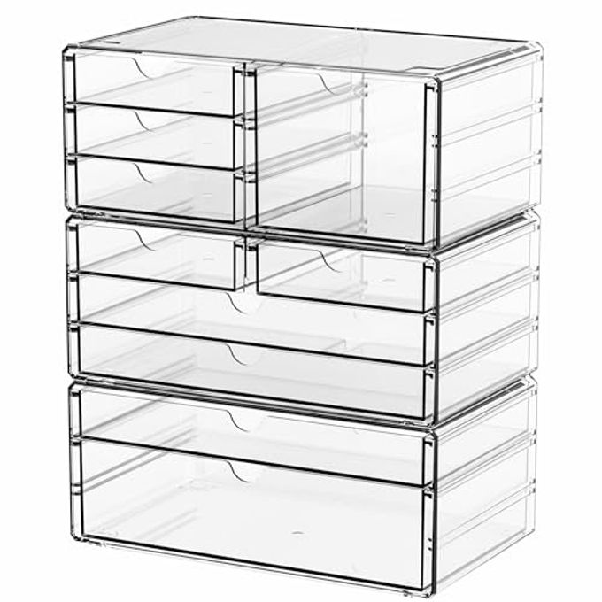 Yieach 3 Pack Clear Storage Drawers With 10 Drawers,Stackable 11.1 Large Acrylic Drawer Organizer and Makeup Organizer For Vanity,Bathroom Countertop,Cabinet,Pantry,Office Supply Storage Bins Drawers - Image 1