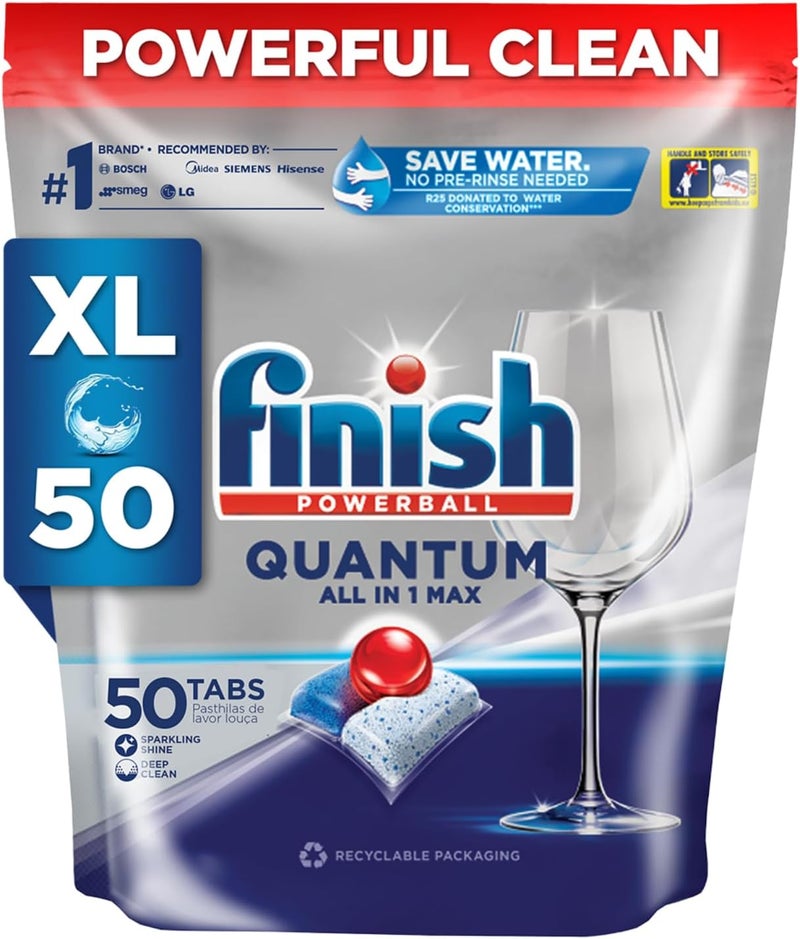 50 Tablets, Powerball Quantum All in 1 Max Dishwasher Tablets |Best ever Clean & Shine | World's #1 Recommended Dishwashing Brand (520g) - Image 1