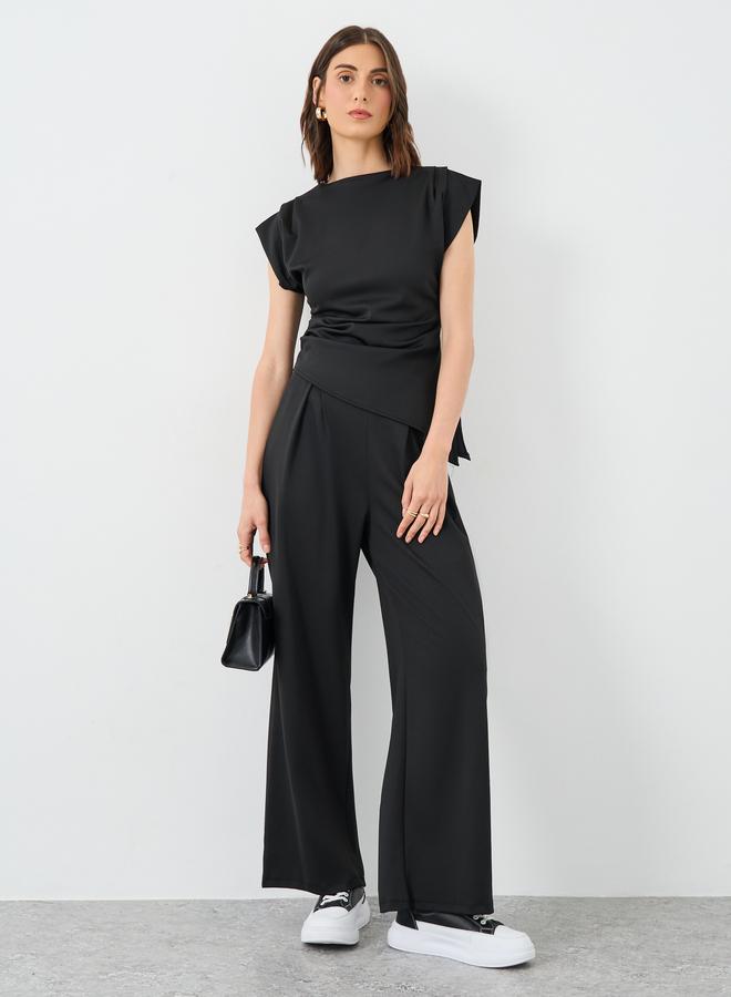 Take Two Black Asymmetric Hem Top and Wide Leg Pants Co-Ords - Image 1
