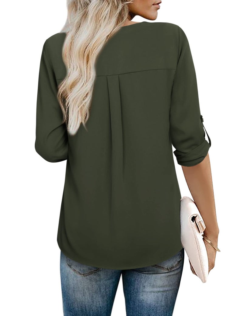 Youtalia Blouses for Women Business Casual, Ladies Tunics 3/4 Sleeve Shirt Cute V Neck Loose Fit Casual Solid Color Professional Womens Blouse Army Green X-Large - Image 3