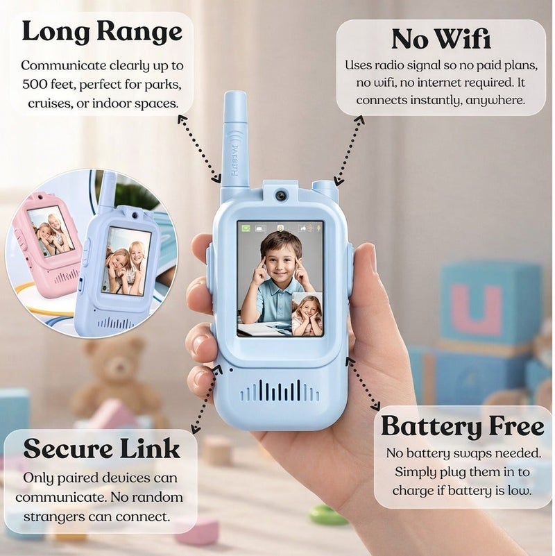 Kids Interactive Communication Device Set with Camera & Screen – Rechargeable Long Range Voice & Video Toy, No WiFi or Internet required, Fun Light & Sound Features (2 Pieces) - Image 3
