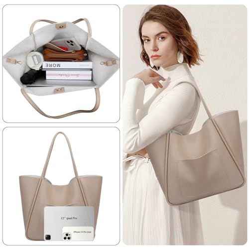 KKXIU Tote Bag for Women Vegan Leather Shoulder Purse Large Capacity Travel Bag - Beige - Image 5
