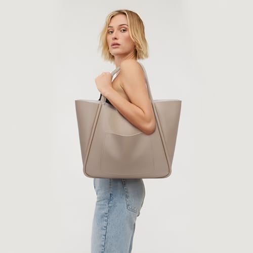 KKXIU Tote Bag for Women Vegan Leather Shoulder Purse Large Capacity Travel Bag - Beige - Image 2