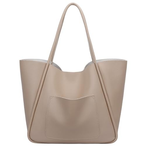KKXIU Tote Bag for Women Vegan Leather Shoulder Purse Large Capacity Travel Bag - Beige - Image 1