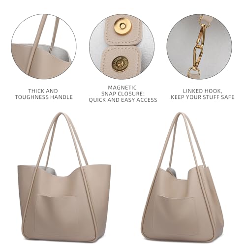 KKXIU Tote Bag for Women Vegan Leather Shoulder Purse Large Capacity Travel Bag - Beige - Image 4