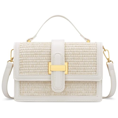 KKXIU Top Handle Straw Purse for Women, Summer Straw Crossbody Bag, Handbag Shoulder Clutch Beach Vacation Bag (A-White) - Image 1