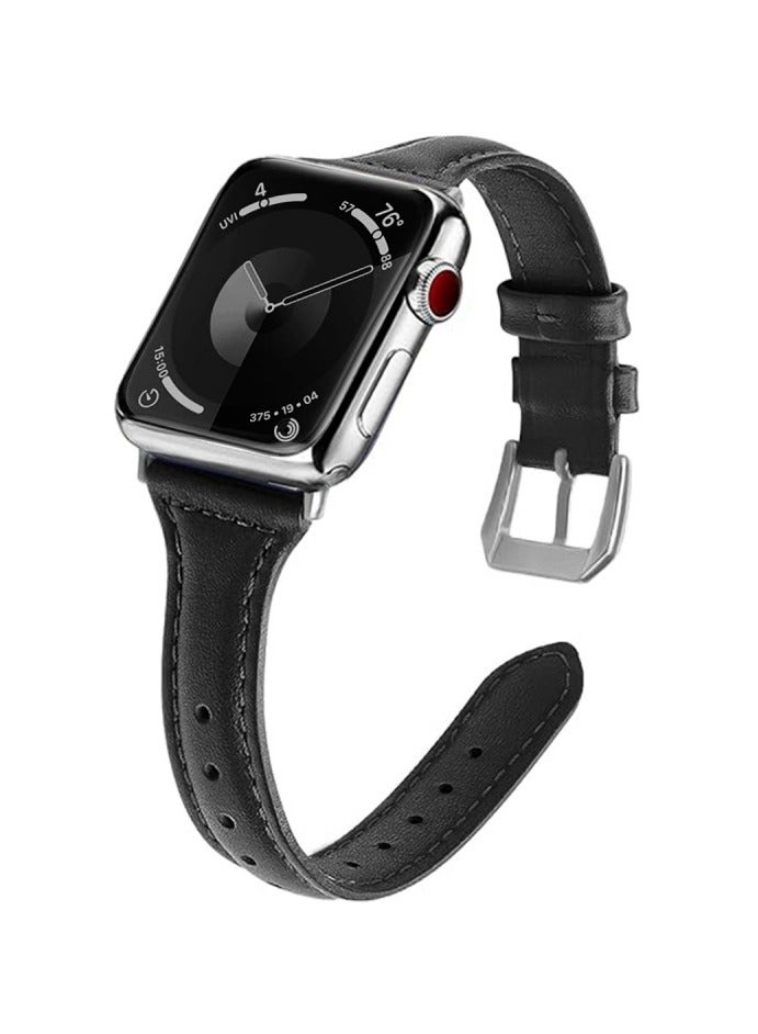 Slim Genuine Leather Band Compatible with Apple Watch Women, 38mm/40mm/41mm/42mm(series 10) Display Compatible with iWatch Series 10/9/8/7/6/5/4/3/SE/SE2/Ultra, Adjustable wrist size (Black)  - Image 1