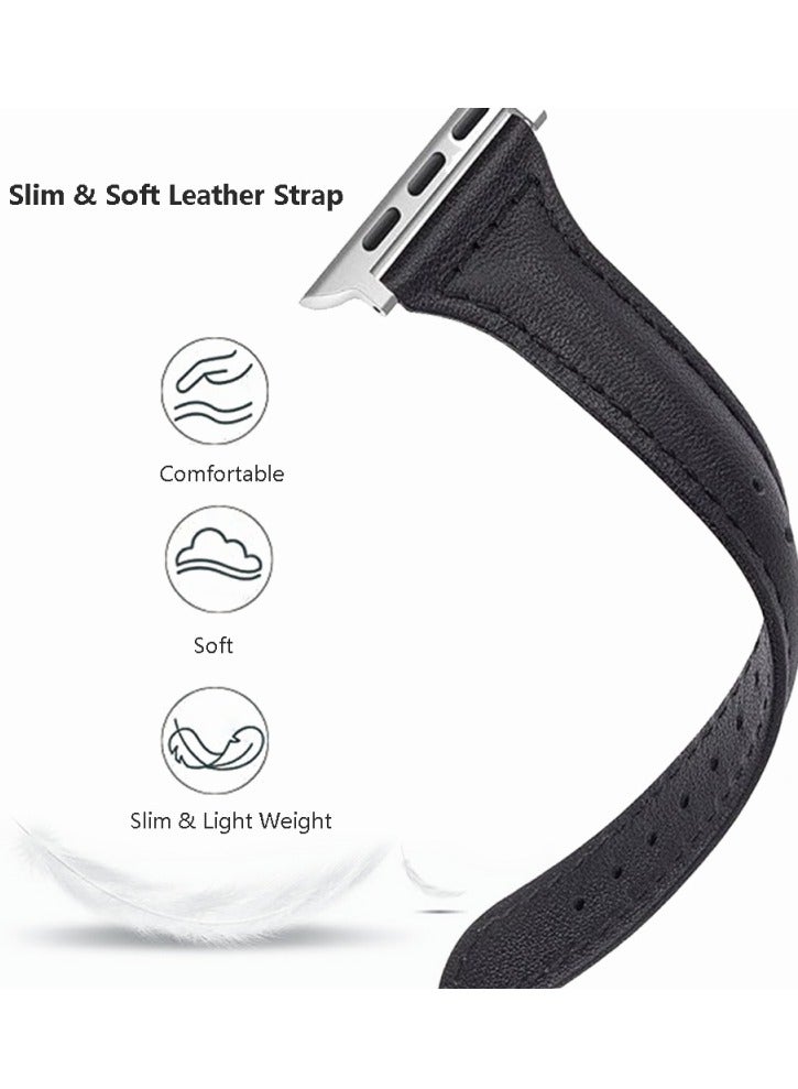Slim Genuine Leather Band Compatible with Apple Watch Women, 38mm/40mm/41mm/42mm(series 10) Display Compatible with iWatch Series 10/9/8/7/6/5/4/3/SE/SE2/Ultra, Adjustable wrist size (Black)  - Image 3