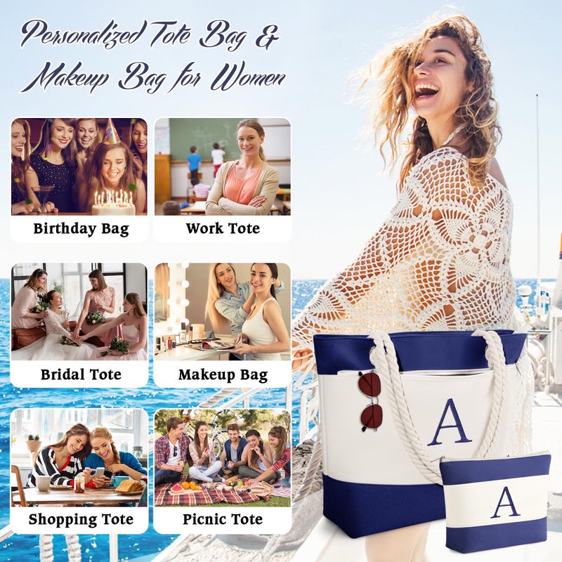 YOOLIFE Beach Bag for Women, Personalized Waterproof Sandproof Women Tote Bag Pool Bag with Zipper for Gym Grocery Travel with Makeup Bag Cosmetic Bag Gifts for Birthday Travel Essentials Pool Bag M - Image 5