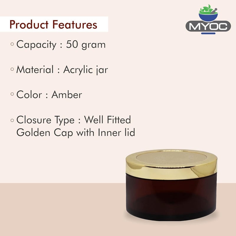 Myoc MYOC Amber San Jars with Golden Cap Inner lid for Creams Gels Body Scrub Butter Leakproof Reusable Refillable Portable Cosmetic Container for Makeup DIY Products 50gm Pack of 8 - Image 2