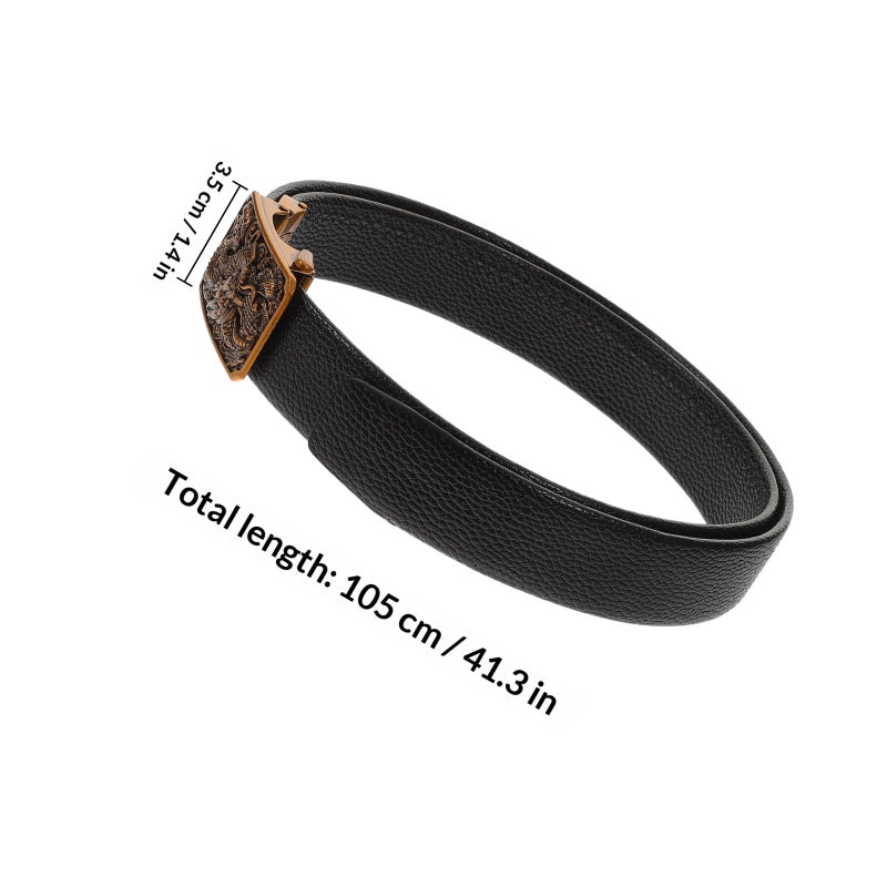Men Carving Dragon Pattern Belt with Automatic Golden Buckle Luxury Leather Belts (Black) - Image 2