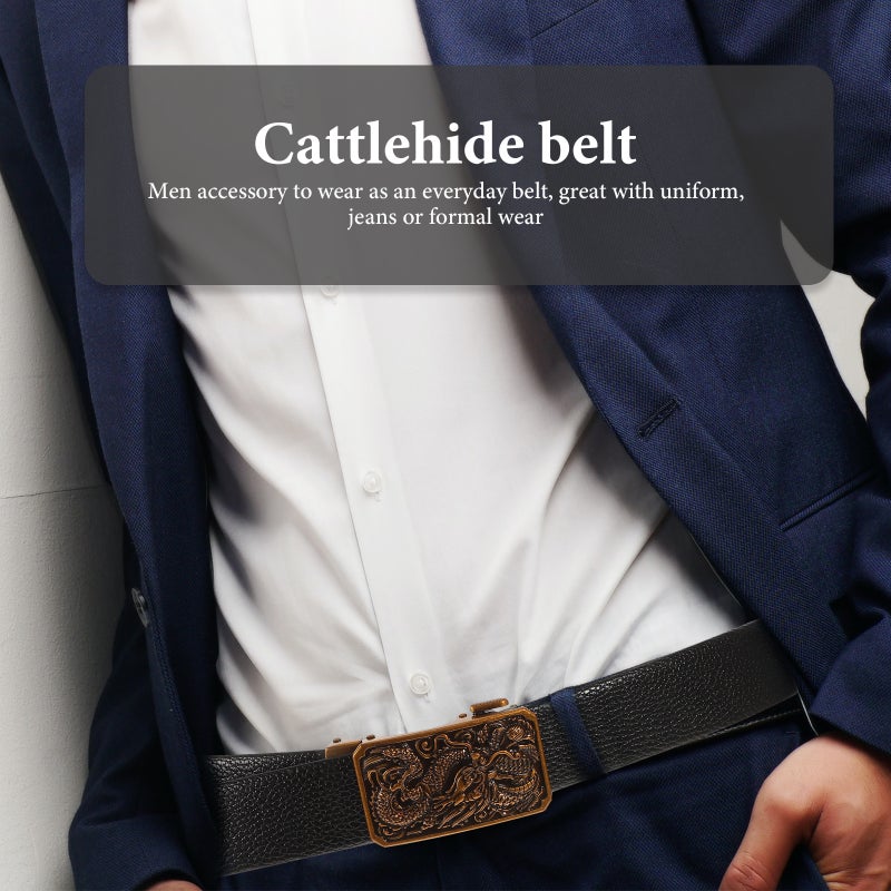 Men Carving Dragon Pattern Belt with Automatic Golden Buckle Luxury Leather Belts (Black) - Image 4