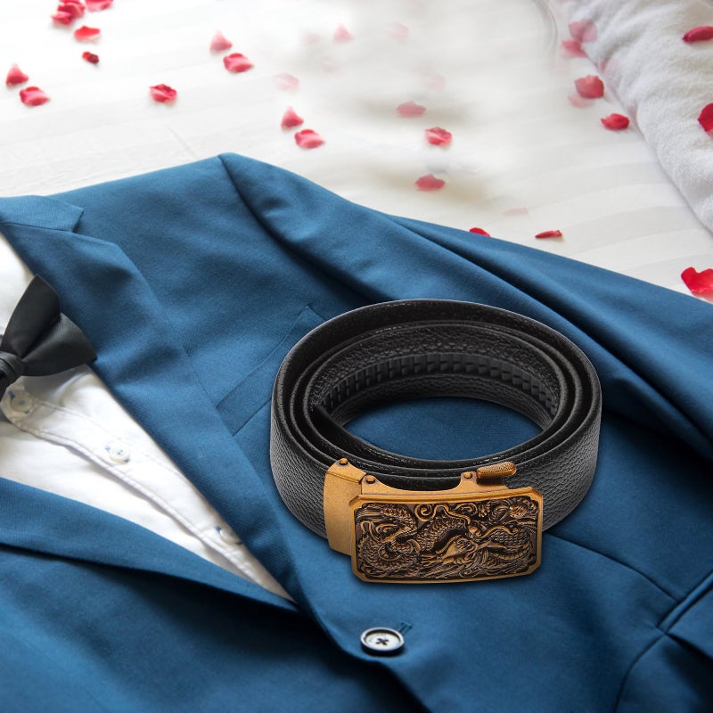 Men Carving Dragon Pattern Belt with Automatic Golden Buckle Luxury Leather Belts (Black) - Image 1