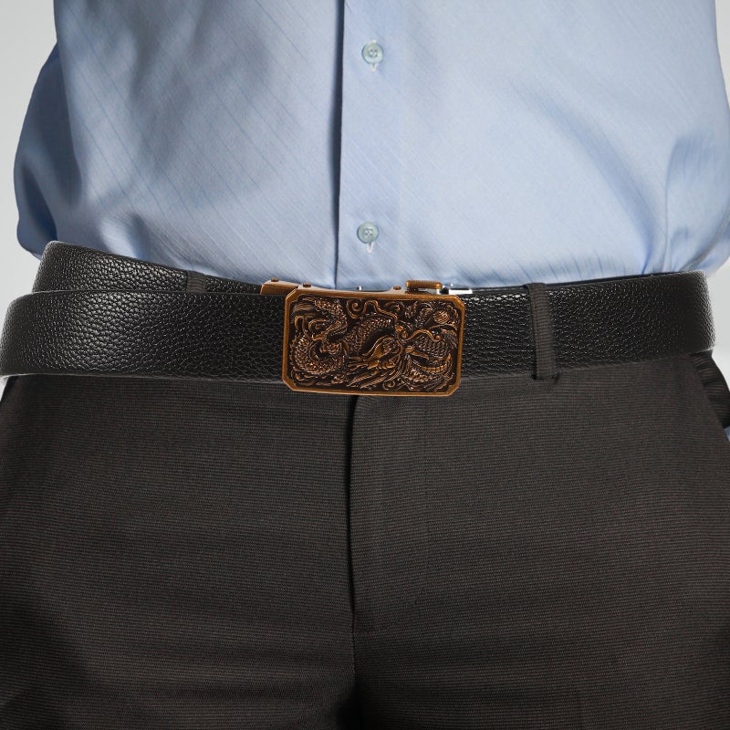 Men Carving Dragon Pattern Belt with Automatic Golden Buckle Luxury Leather Belts (Black) - Image 3