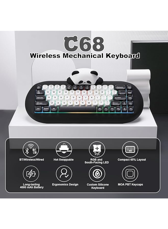 YUNZII C68 Panda Wireless Mechanical Gaming Keyboard 68 Keys Cute Keyboard With Pbt Keycaps Rgb Backlit Hot Swappable Creamy With Bt5.0/2.4G/Wired For Win/Mac(Panda Switch Black)  - Image 2