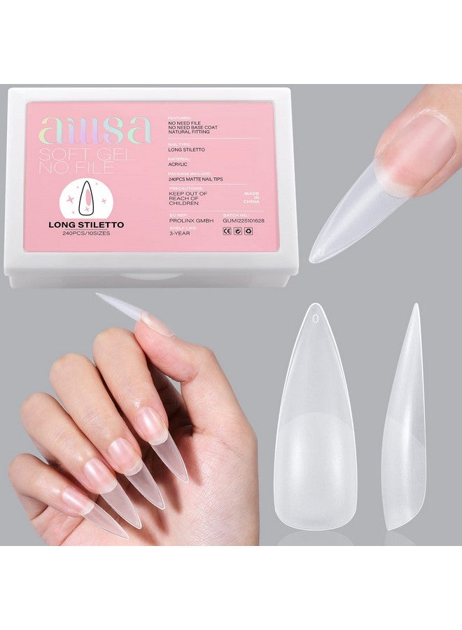 AILLSA Long Stiletto Nail Tips Upgraded Matte Soft Gel Full Cover Nail Tips No Filed 240Pcs Preshaped Gelly Tips Acrylic Clear False Press On Nail Tips For Soak Off Nail Extension 10 Sizes - Image 1