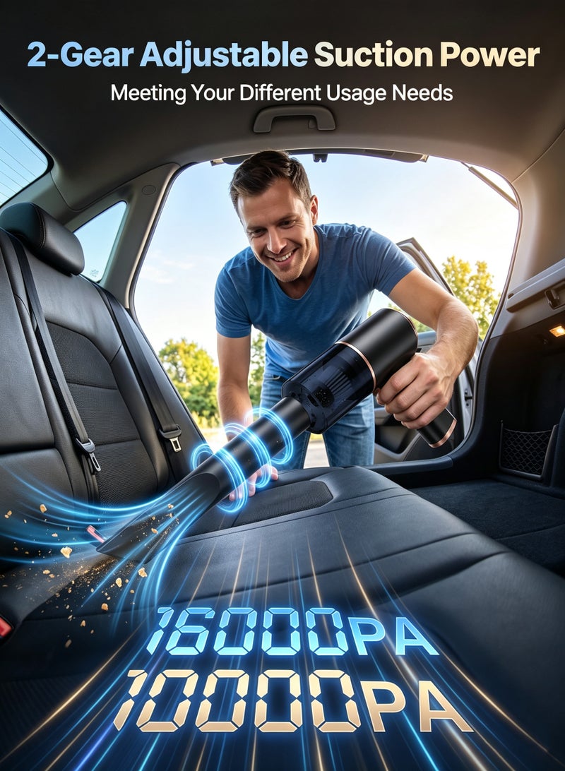 BASILKIT Portable Hand Car Vacuum Cleaner Set Rechargeable,16000Pa Brushless Motor, 3.6Ah Li‑Ion Battery for Ultra‑Long Runtime, 120W Powerful,Mini Vacuum with Pivoting Nozzle, Compact Design, Ideal for Home & Car, Easy Storage, Air Duster Type-C, Cleaning Kit for Pet Hair, Car, Desk, Home(Black Gold) - Image 3