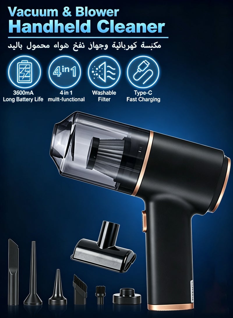 BASILKIT Portable Hand Car Vacuum Cleaner Set Rechargeable,16000Pa Brushless Motor, 3.6Ah Li‑Ion Battery for Ultra‑Long Runtime, 120W Powerful,Mini Vacuum with Pivoting Nozzle, Compact Design, Ideal for Home & Car, Easy Storage, Air Duster Type-C, Cleaning Kit for Pet Hair, Car, Desk, Home(Black Gold) - Image 2