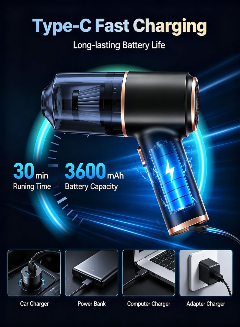 BASILKIT Portable Hand Car Vacuum Cleaner Set Rechargeable,16000Pa Brushless Motor, 3.6Ah Li‑Ion Battery for Ultra‑Long Runtime, 120W Powerful,Mini Vacuum with Pivoting Nozzle, Compact Design, Ideal for Home & Car, Easy Storage, Air Duster Type-C, Cleaning Kit for Pet Hair, Car, Desk, Home(Black Gold) - Image 4